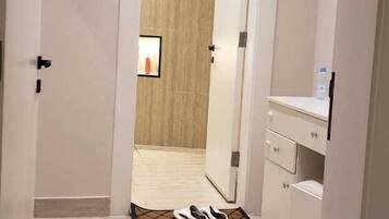 Hair dryer, soap, shampoo, toilet paper