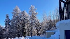 Uma estrada coberta de neve, com um edifício à direita e árvores ao fundo.