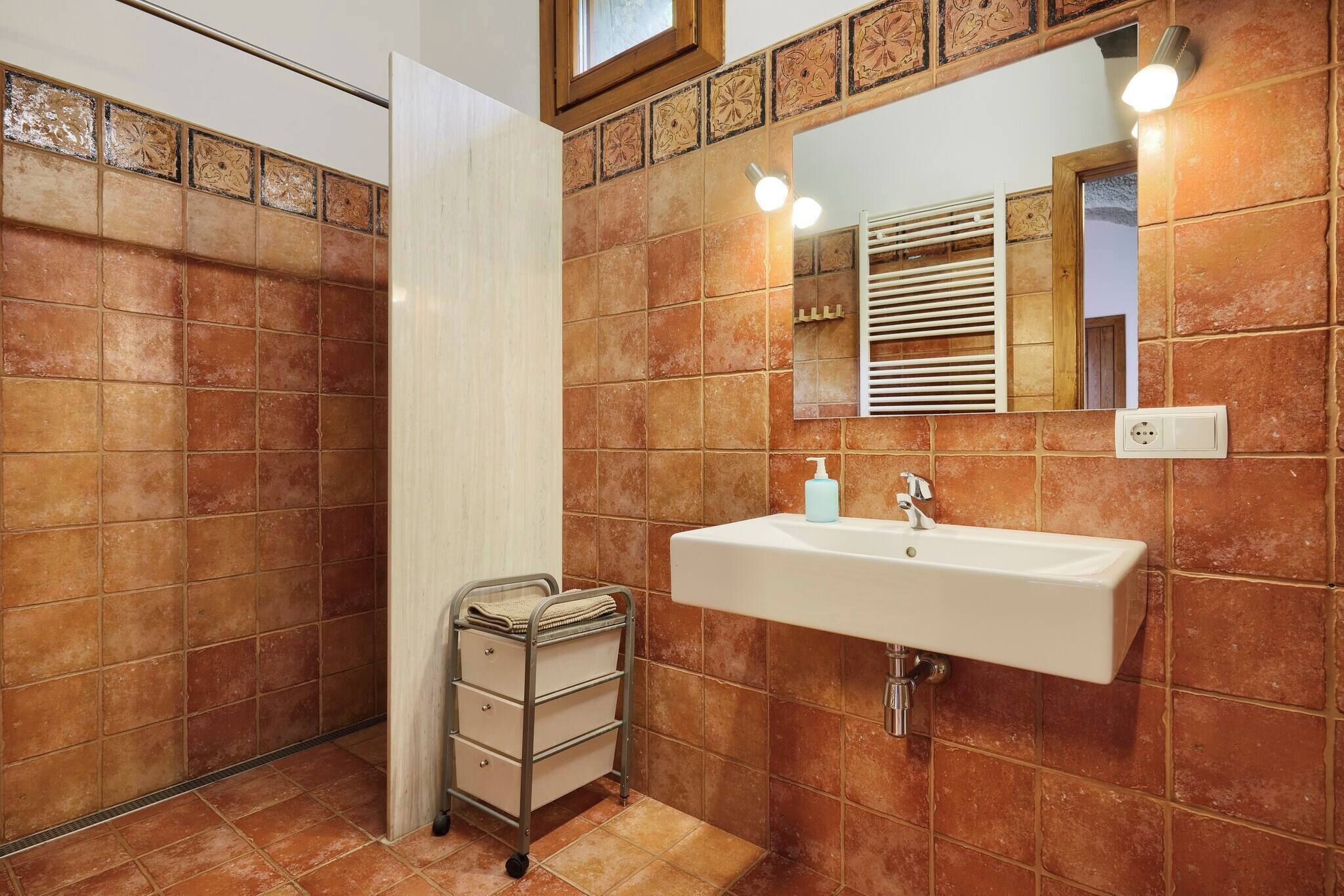 Shower, hair dryer, towels, shampoo