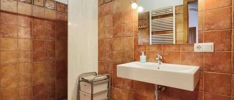 Shower, hair dryer, towels, shampoo