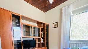 Una sala de estar con mueble de madera para entretenimiento, televisor, sofá y ventana con cortinas.