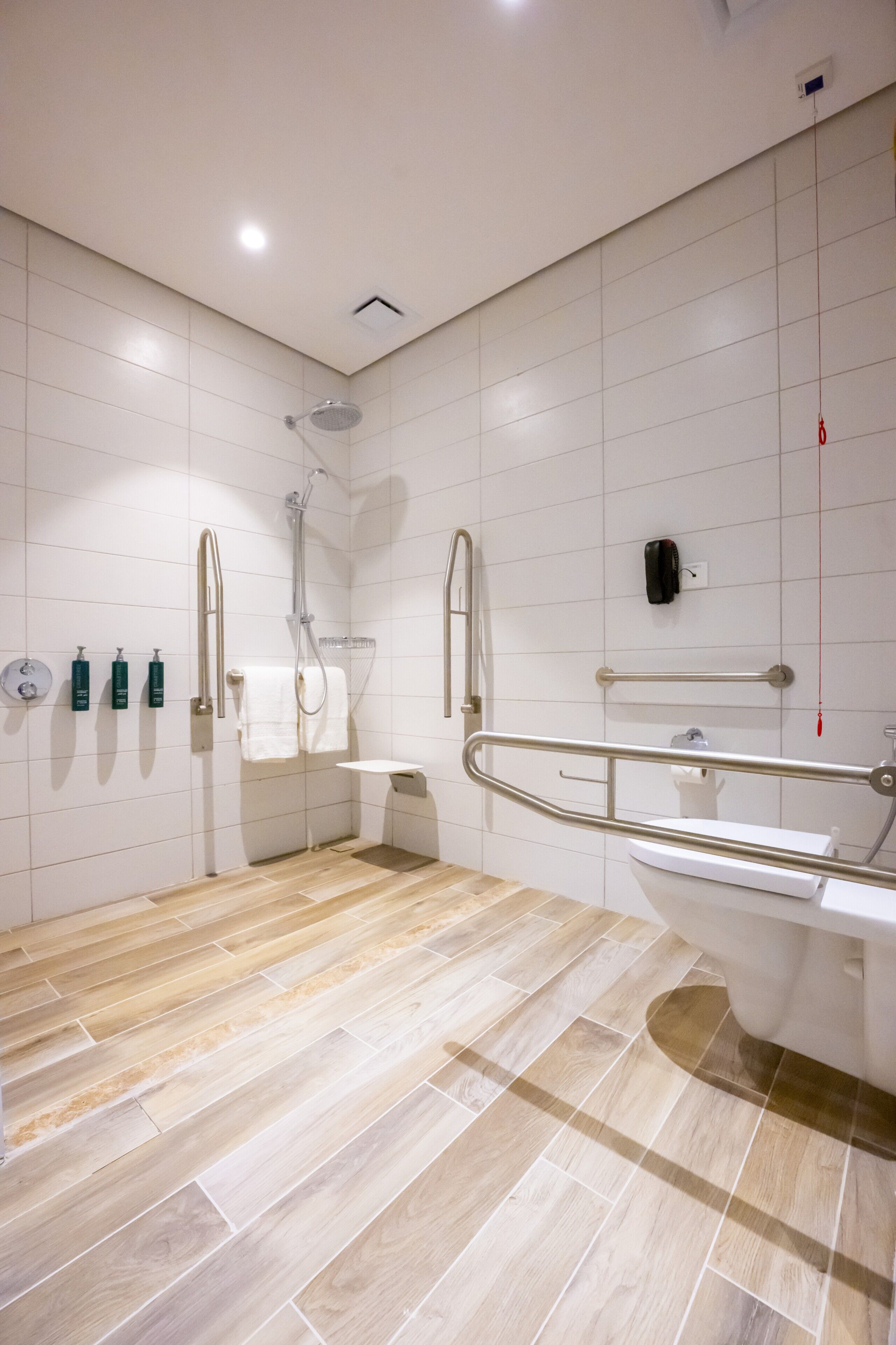 A modern bathroom with a shower, toilet, and grab bars.