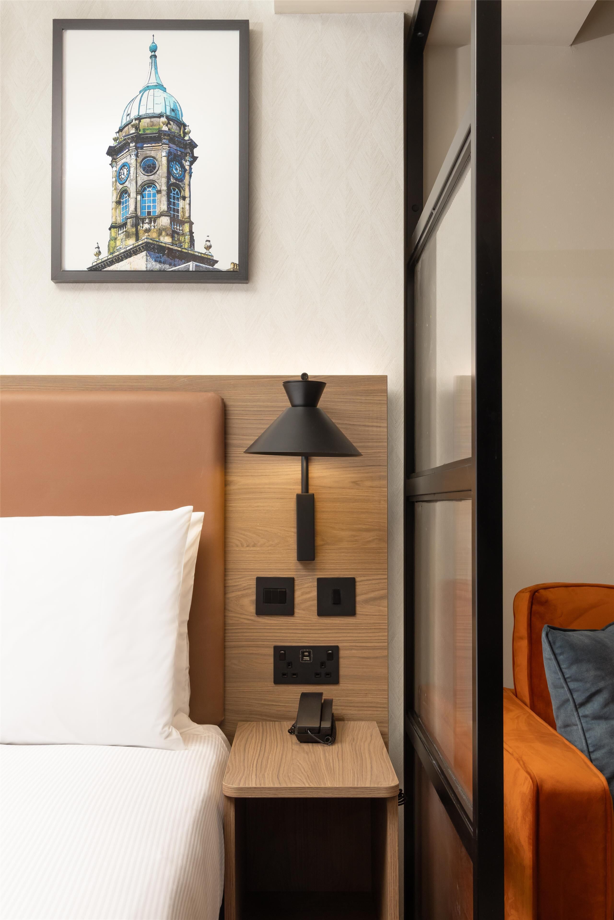 Hypo-allergenic bedding, in-room safe, blackout curtains