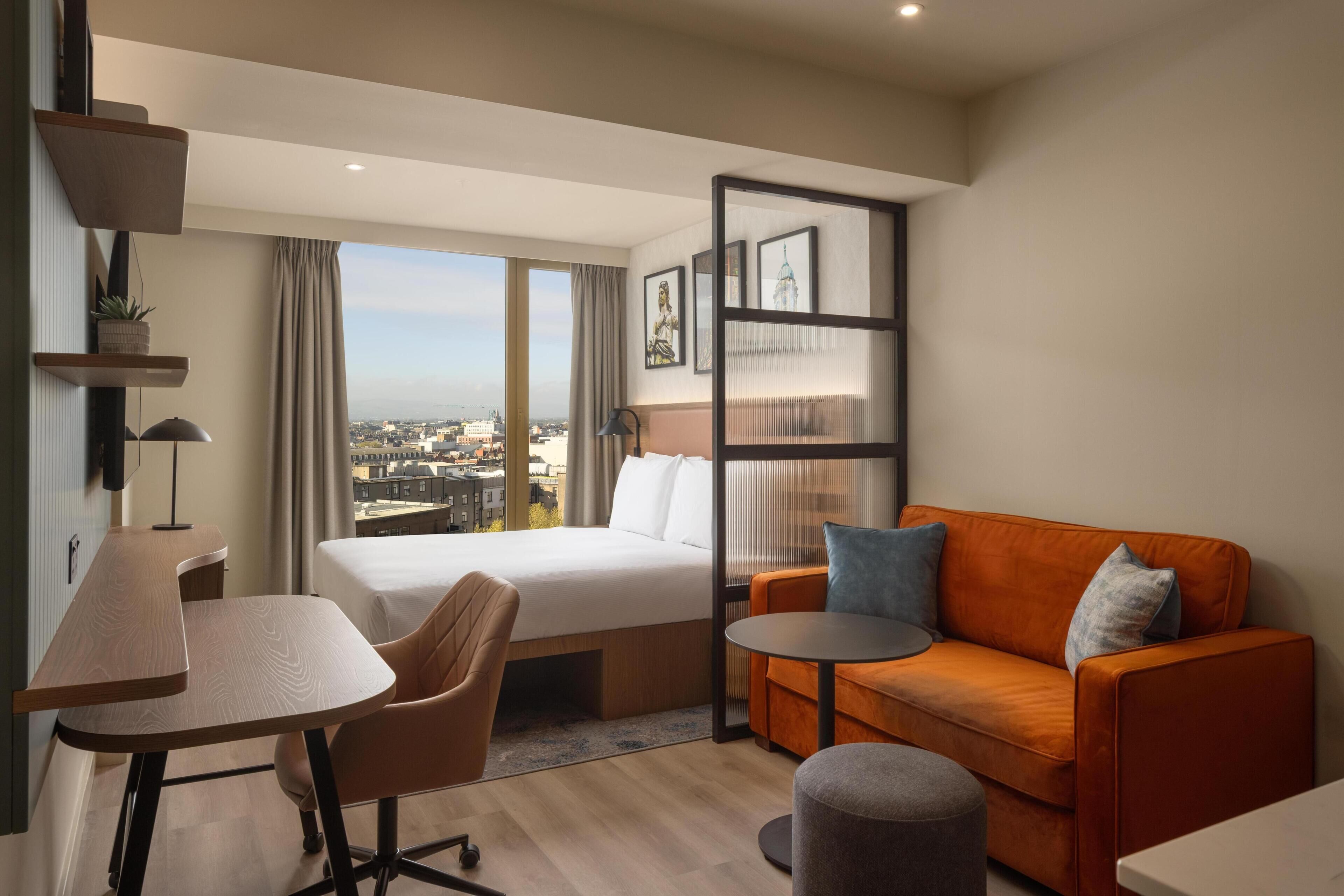 Hypo-allergenic bedding, in-room safe, blackout curtains