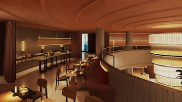 A modern interior with a curved bar area, seating arrangements, and a unique circular light fixture.