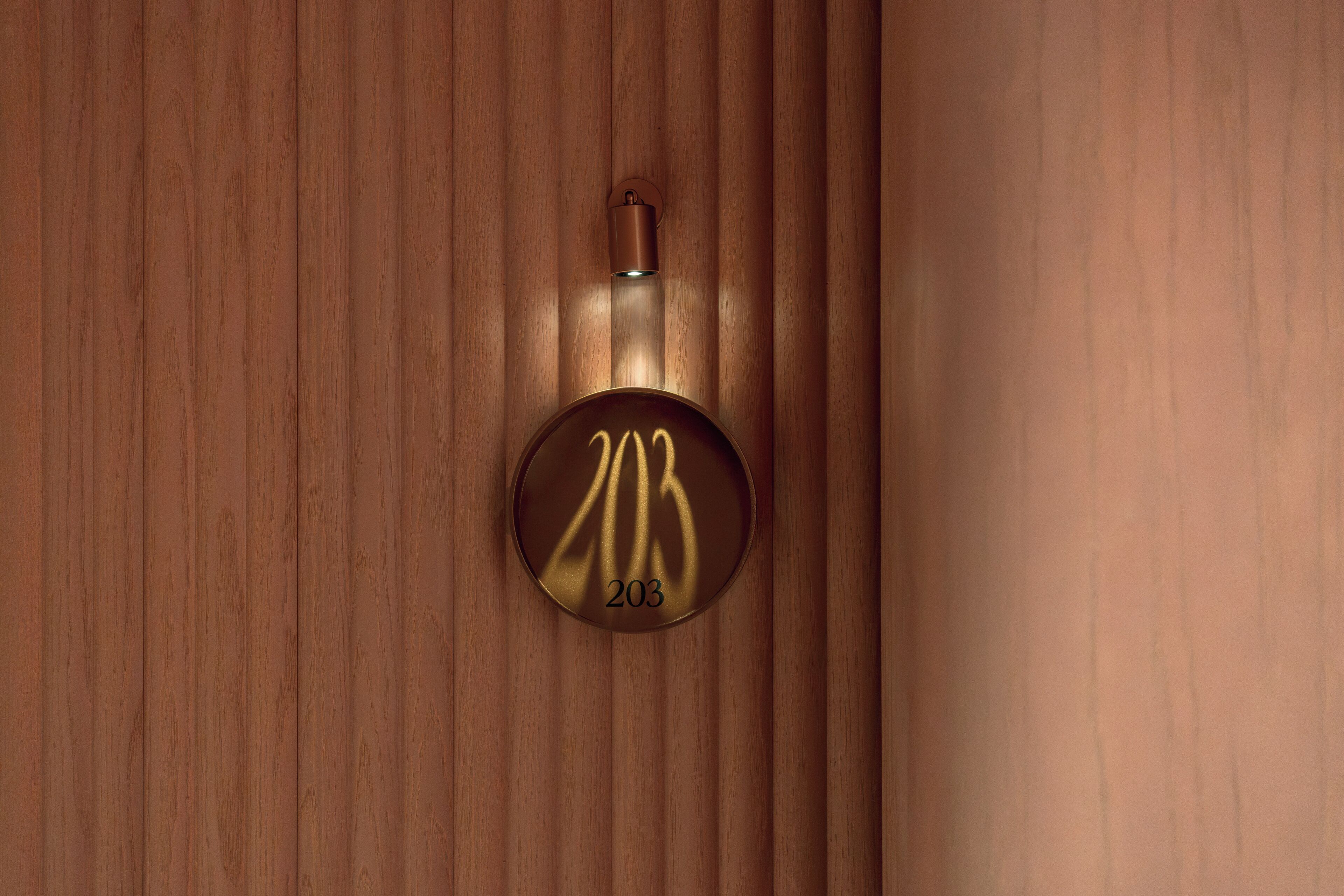 A circular metallic object with the number '203' on a wooden surface.