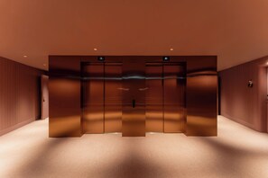 A modern elevator with a metallic finish, a carpeted floor, and wooden paneling on the walls. - Hotel Palacio Bellas Artes San Sebastián, Curio Collection by Hilton (San Sebastián)