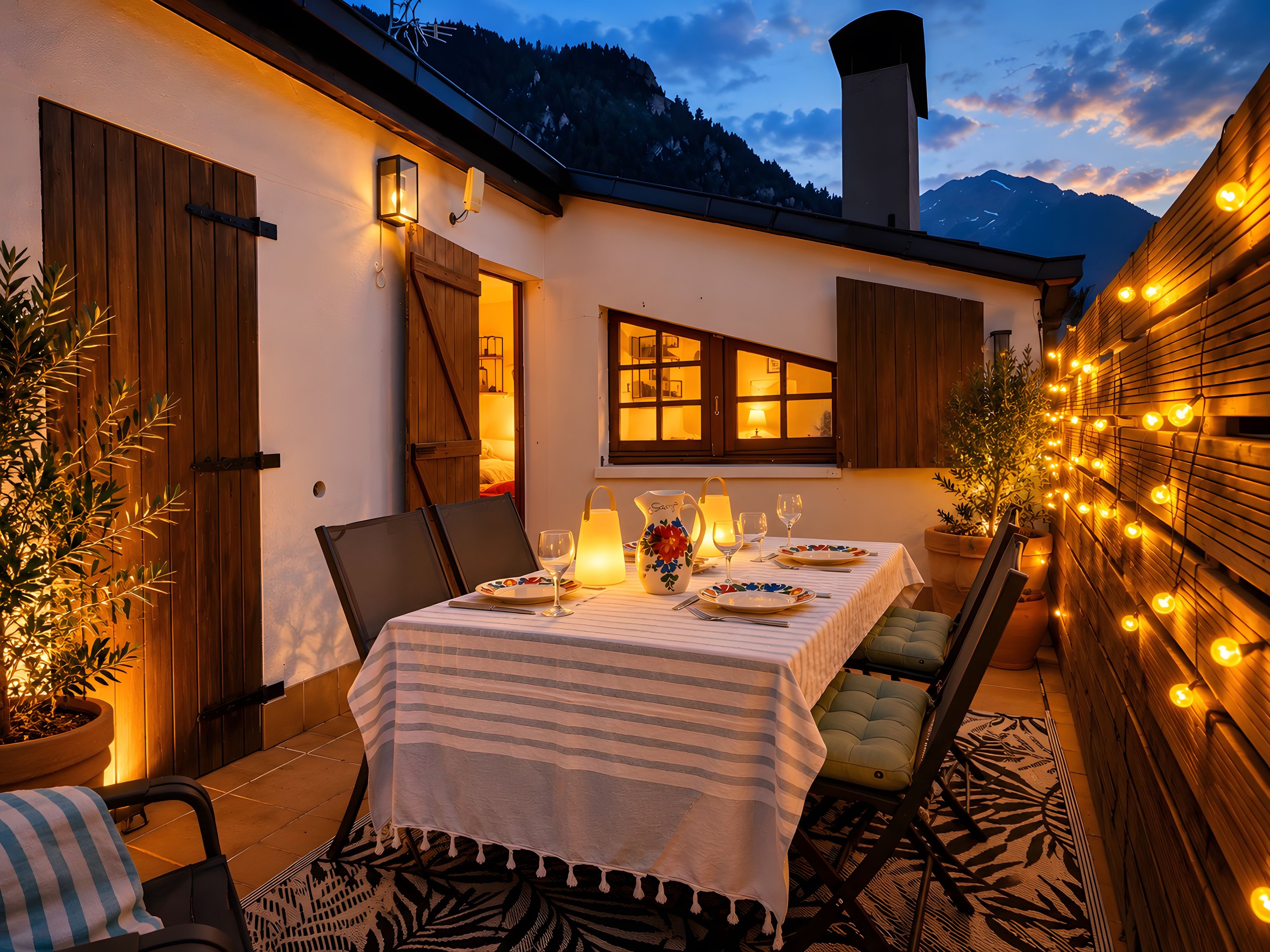 Un coin repas avec une table dressée pour deux personnes, un mur extérieur en bois et une vue sur les montagnes.
