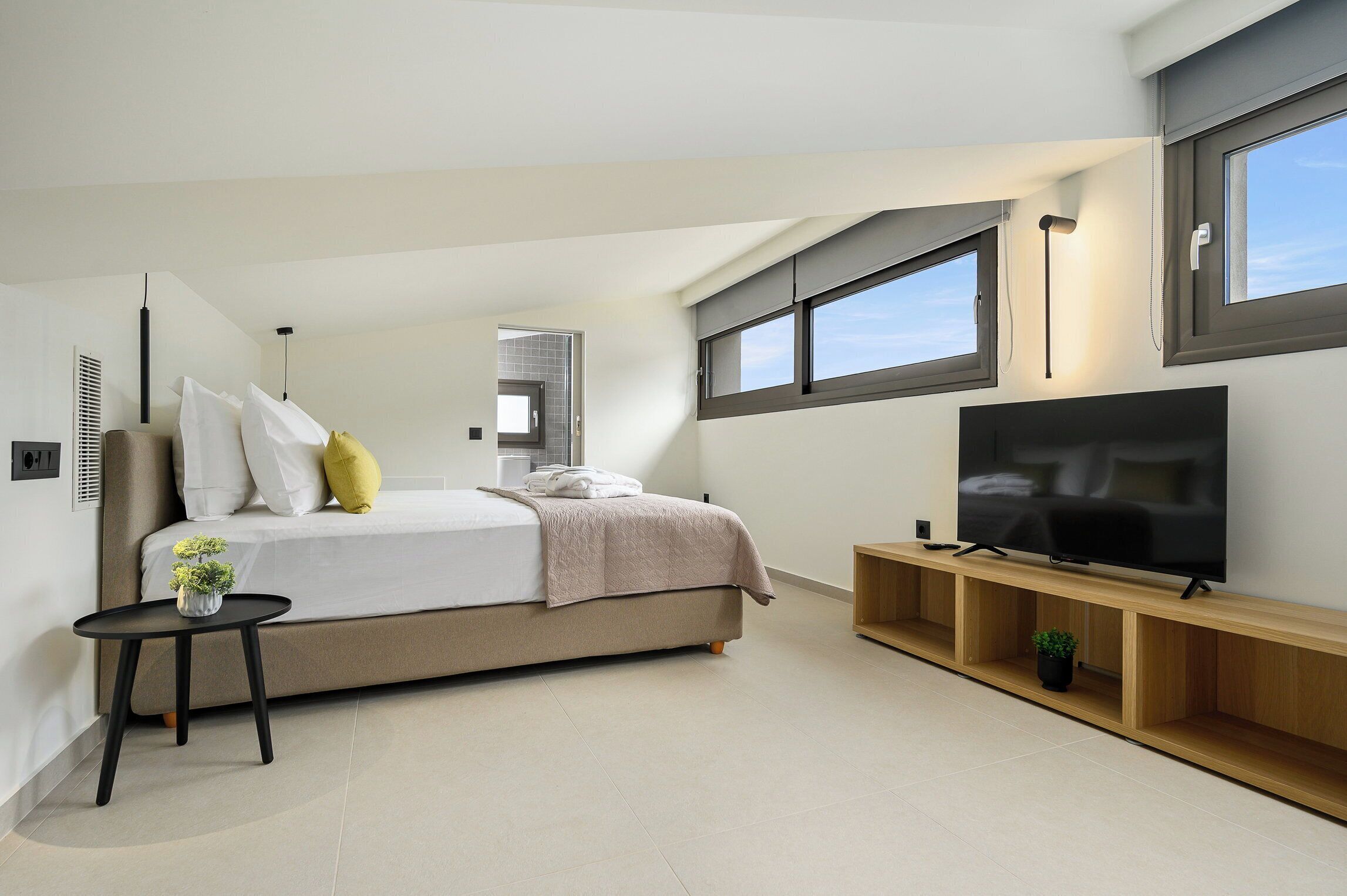 A modern bedroom with a bed, a TV, and a small table with a plant.