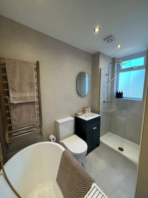 Shower, hair dryer, towels, soap
