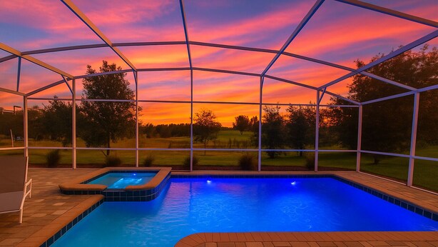 A covered swimming pool with a view of a sunset and trees in the background. - ChampionsGate Resort 8BR Home w/ Pool, Hot Tub, Theater, Game Room  & Much More! (Kissimmee)