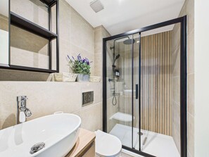Shower, hair dryer, towels