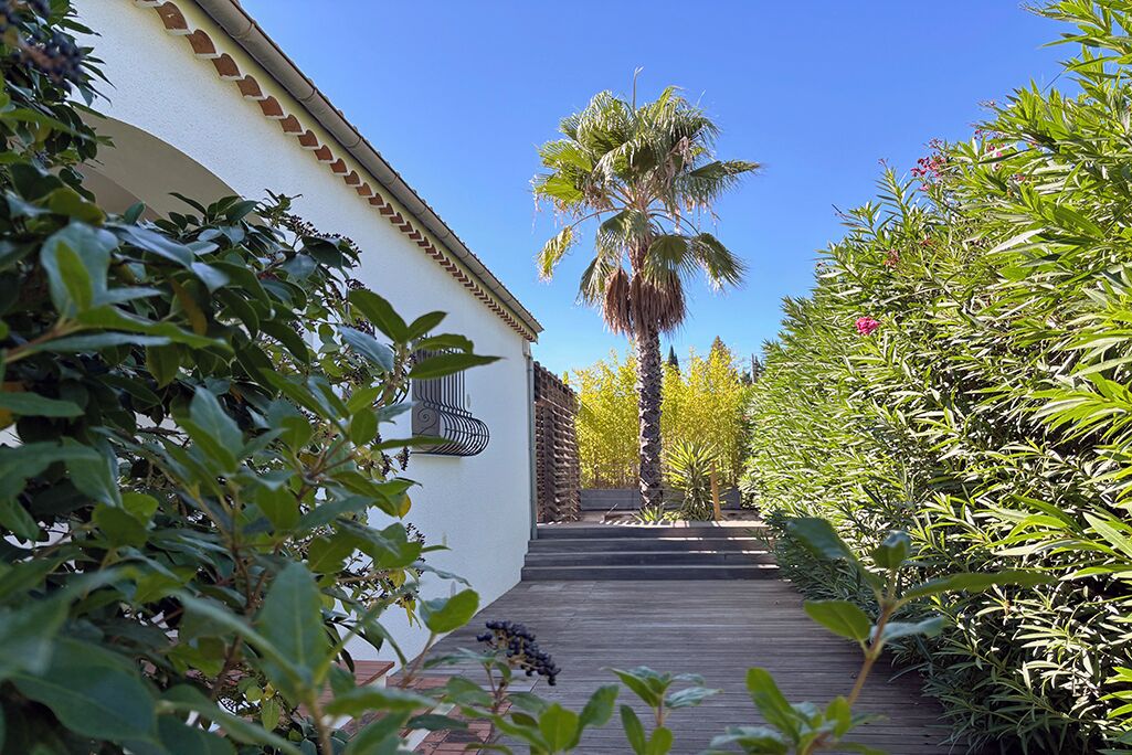 Un camino que lleva a un edificio con fachada blanca y una palmera al fondo.