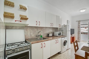 Una cocina compacta con estufa a gas, microondas, lavamanos y lavadora.