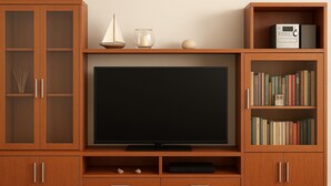 A wooden entertainment unit with a flat-screen TV, bookshelves, and a small radio. - Malaga. Apartamento a un minuto de la playa (Rincón de la Victoria)