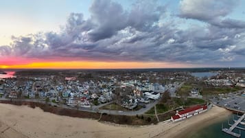 On the beach, sun loungers, beach towels