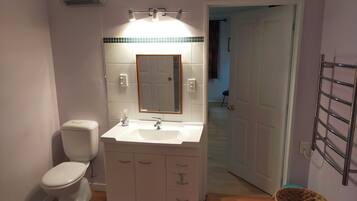 A bathroom with a toilet, sink, mirror, and a towel rack.