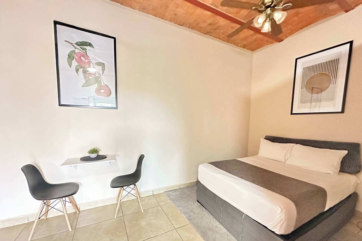 Une chambre à coucher avec un lit, deux chaises, une petite table avec une plante et deux tableaux encadrés accrochés aux murs.