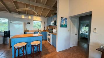 Een magnetron, een oven, een kookplaat, een vaatwasser