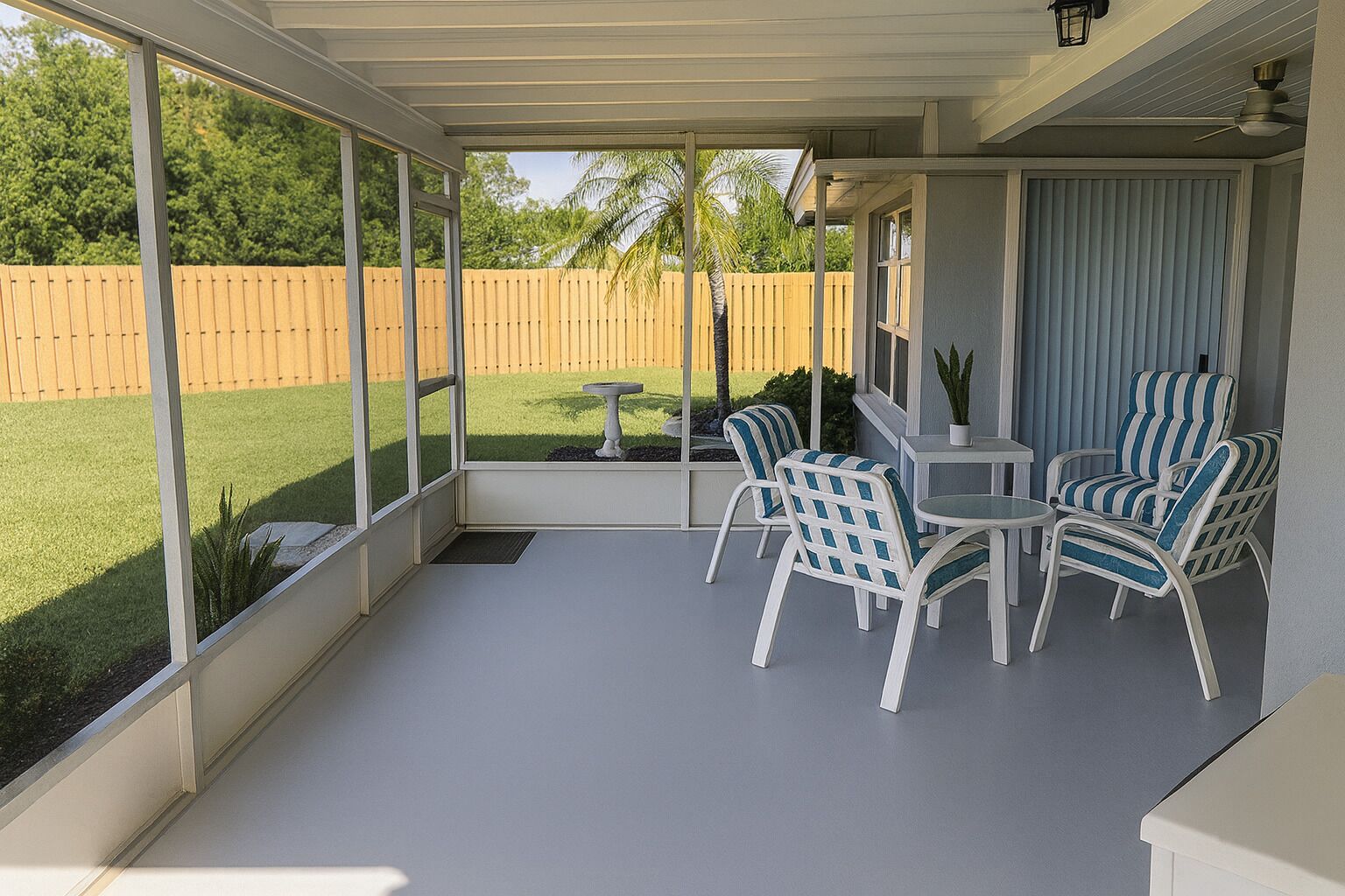Une terrasse couverte donnant sur un jardin, avec une table et deux chaises à rayures.