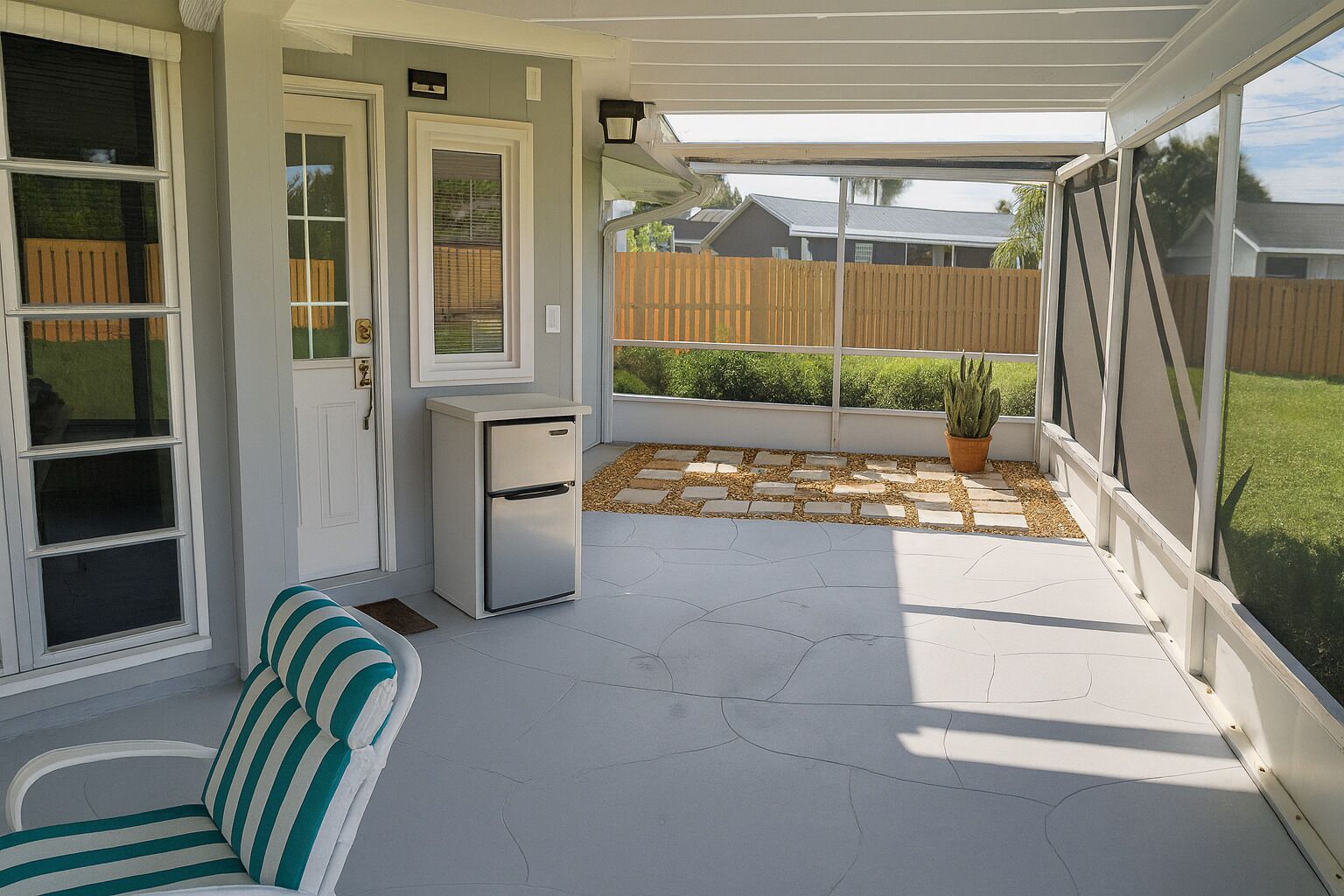 A covered patio area with a seating arrangement, a small refrigerator, and a potted plant.