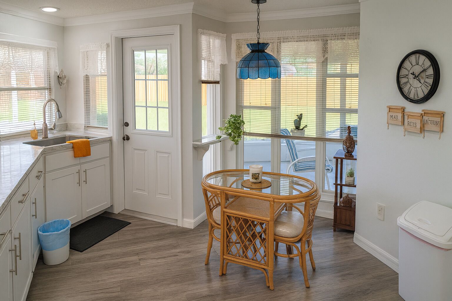 A kitchen with a dining area, a window with blinds, a clock, and a trash bin.