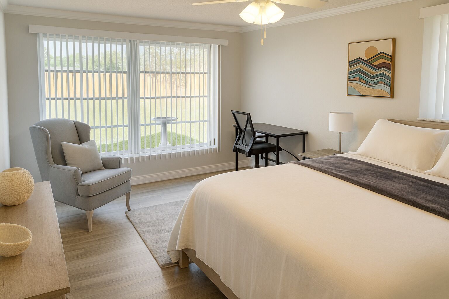 Quarto com uma cama grande, uma cadeira, uma mesa pequena e uma janela com vista para o exterior.
