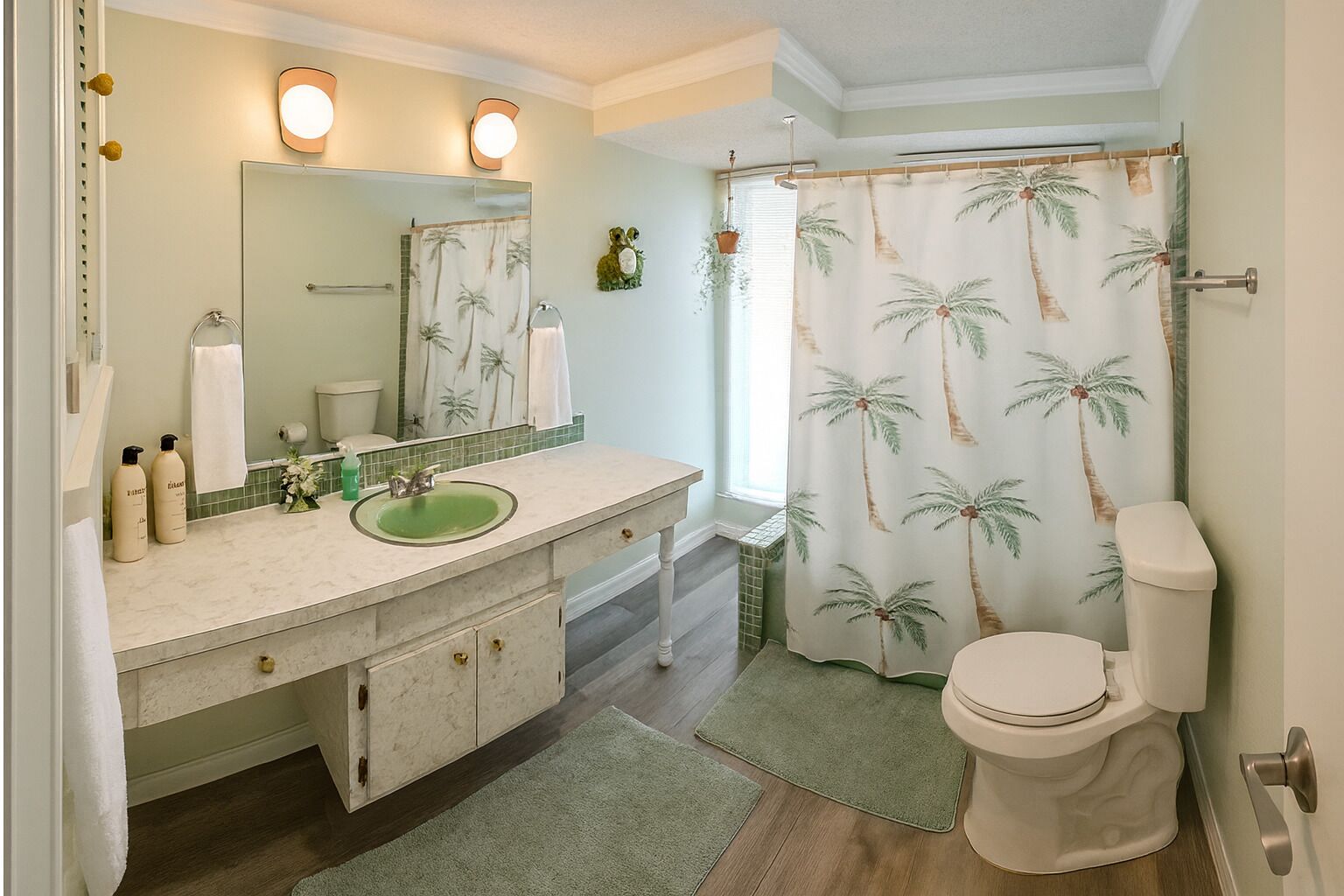 Une salle de bain équipée d’un meuble-lavabo, d’un lavabo, d’un miroir, de toilettes et d’un rideau de douche orné de motifs de palmiers.