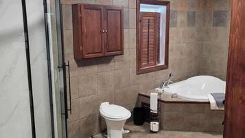 A bathroom with a glass shower enclosure, a toilet, a bathtub, and a wooden cabinet.