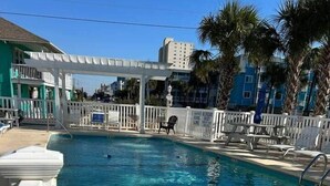 A swimming pool with lounge chairs, a white fence, and palm trees. - Cozy Coastal Condo in Murrells Inlet! (Garden City)