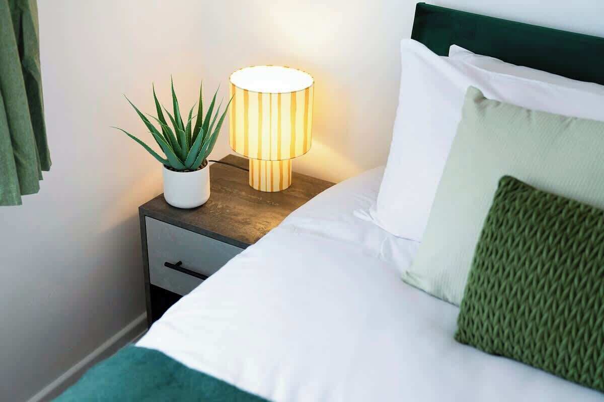 A neatly made bed with white bedding and a green pillow, a bedside lamp, and a potted plant on a wooden nightstand.