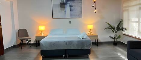 خزنة داخل الغرفة ومساحة عمل للكمبيوتر المحمول وستائر تعتيم ومكواة/لوح كي