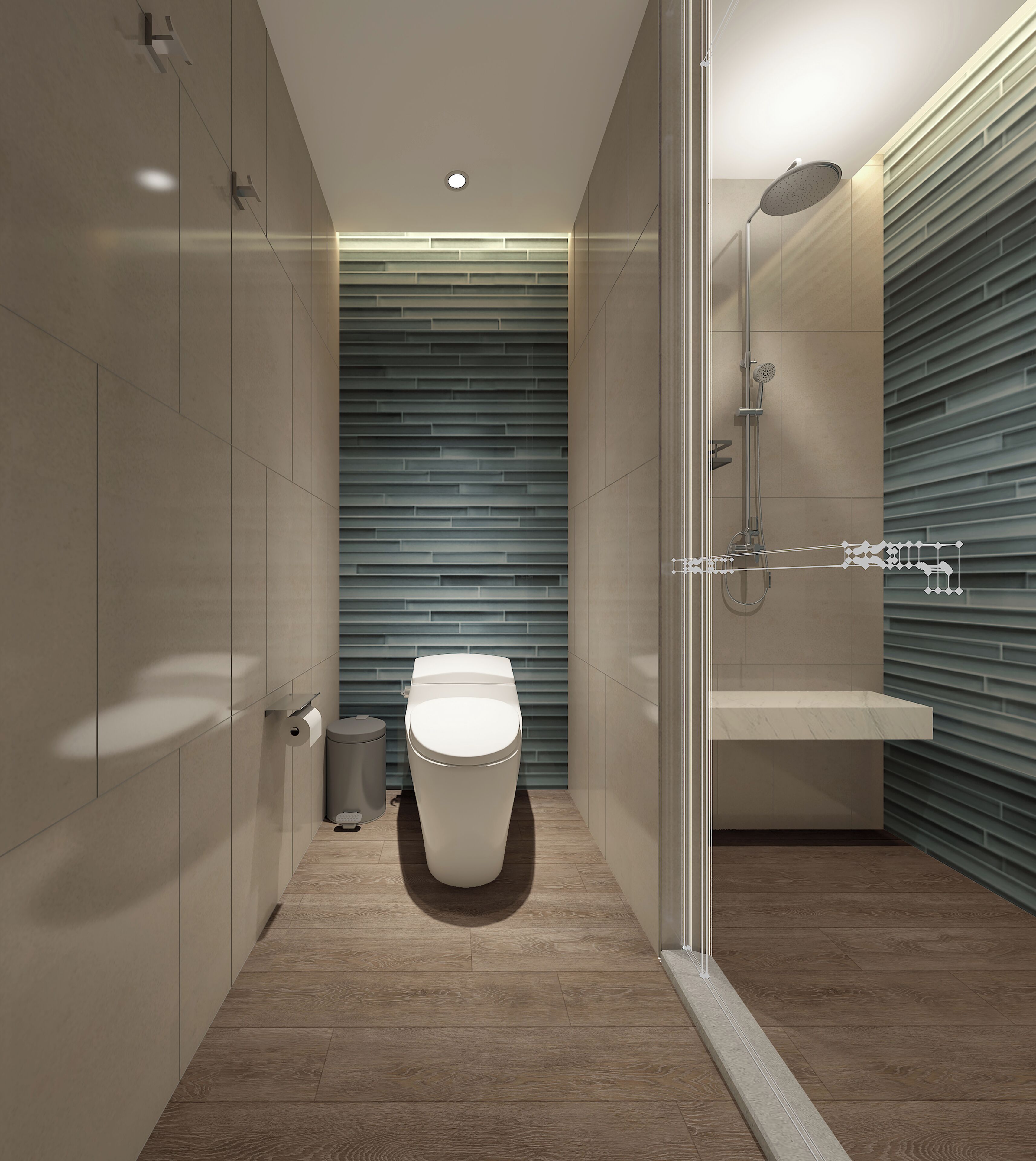 Un bagno moderno con il water, doccia e lavabo.