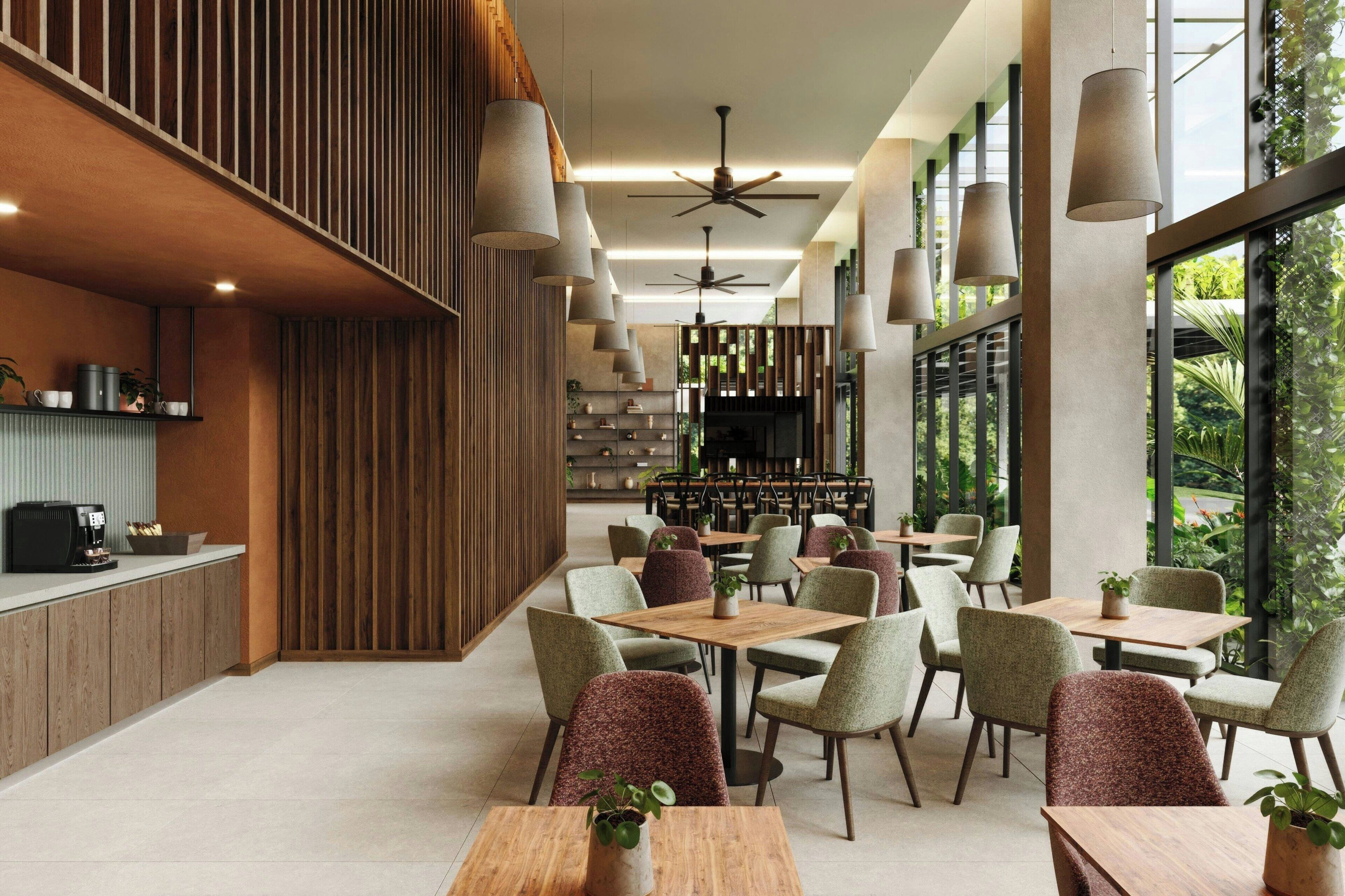 A modern restaurant with wooden accents, large windows, and a variety of seating options.