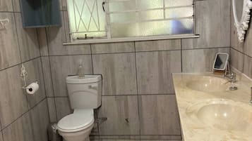 Hair dryer, towels, soap, toilet paper