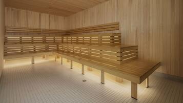 Una sauna con varios bancos y piso de baldosas.