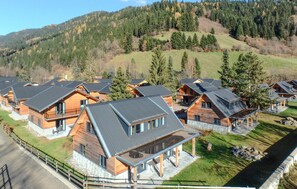A cluster of log cabin-style cabins with sloped roofs, surrounded by a forested hillside. - Chalet für 8 Personen (Afritz am See)