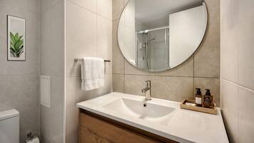 Deluxe-svíta - 2 svefnherbergi - reyklaust - verönd | Baðherbergi | Hárblásari, handklæði, sápa