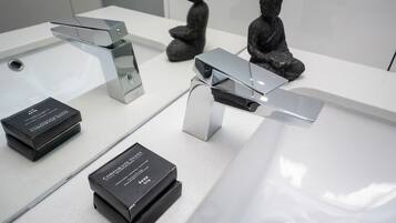 Hair dryer, towels, soap