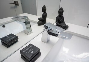 Hair dryer, towels, soap