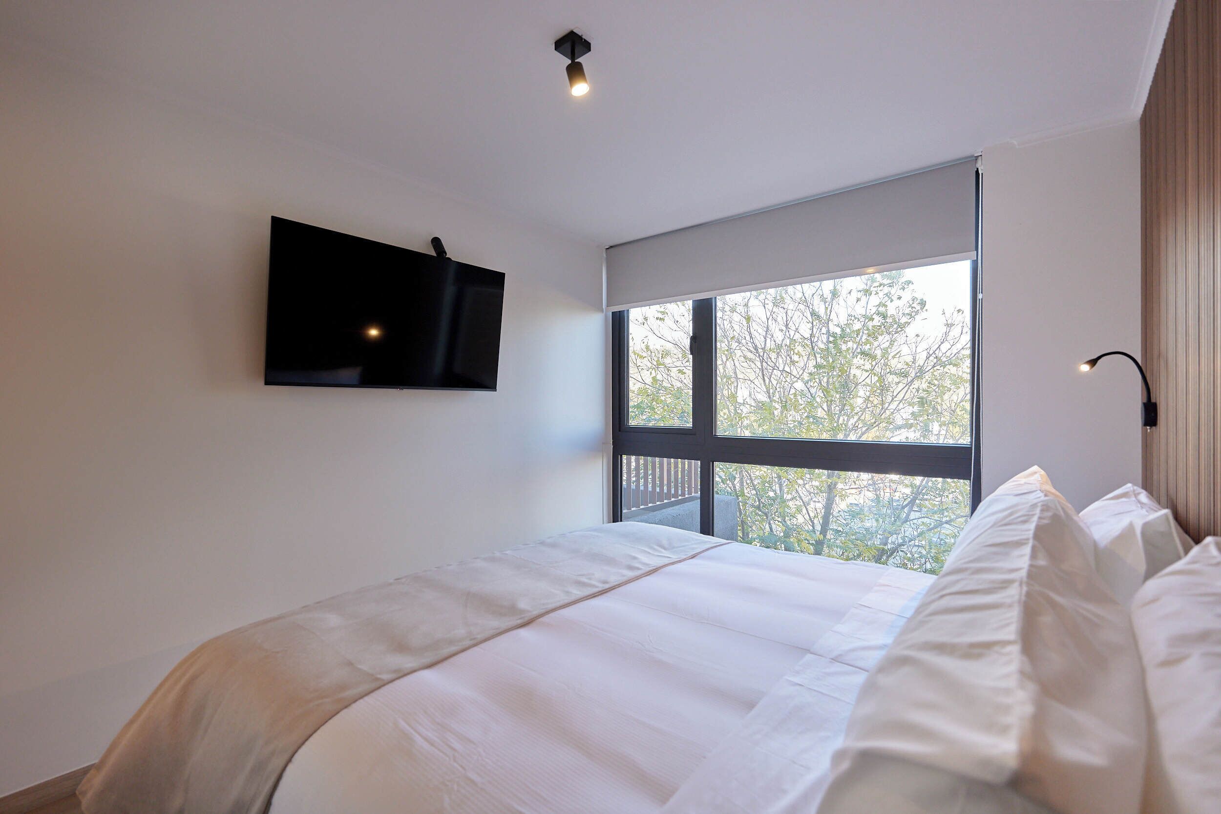 A bedroom with a bed, a mounted TV, a window with a view, and a ceiling light.