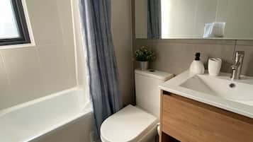 Secador de cabelo, toalhas de banho, sabonete