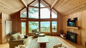 TV connectée, cheminée, livres