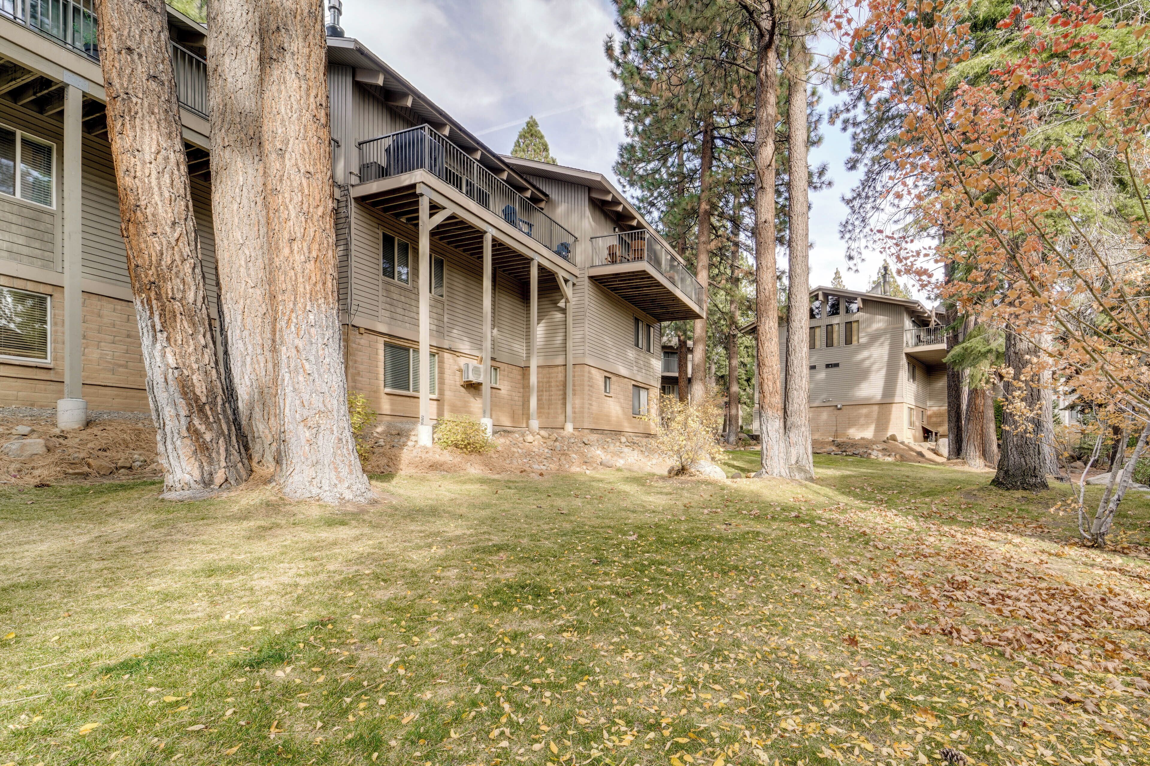 A multi-story building with balconies, surrounded by trees and a grassy area.