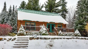 A log cabin with a green door, surrounded by snow-covered trees and a stone staircase leading up to the entrance. - Game Room, Deck! Cozy Ski Cabin Near Sugarloaf (Eustis)