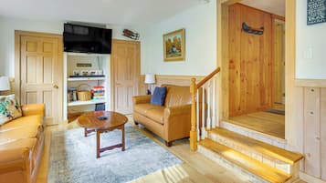 Televisie, een open haard, boeken en een computerscherm