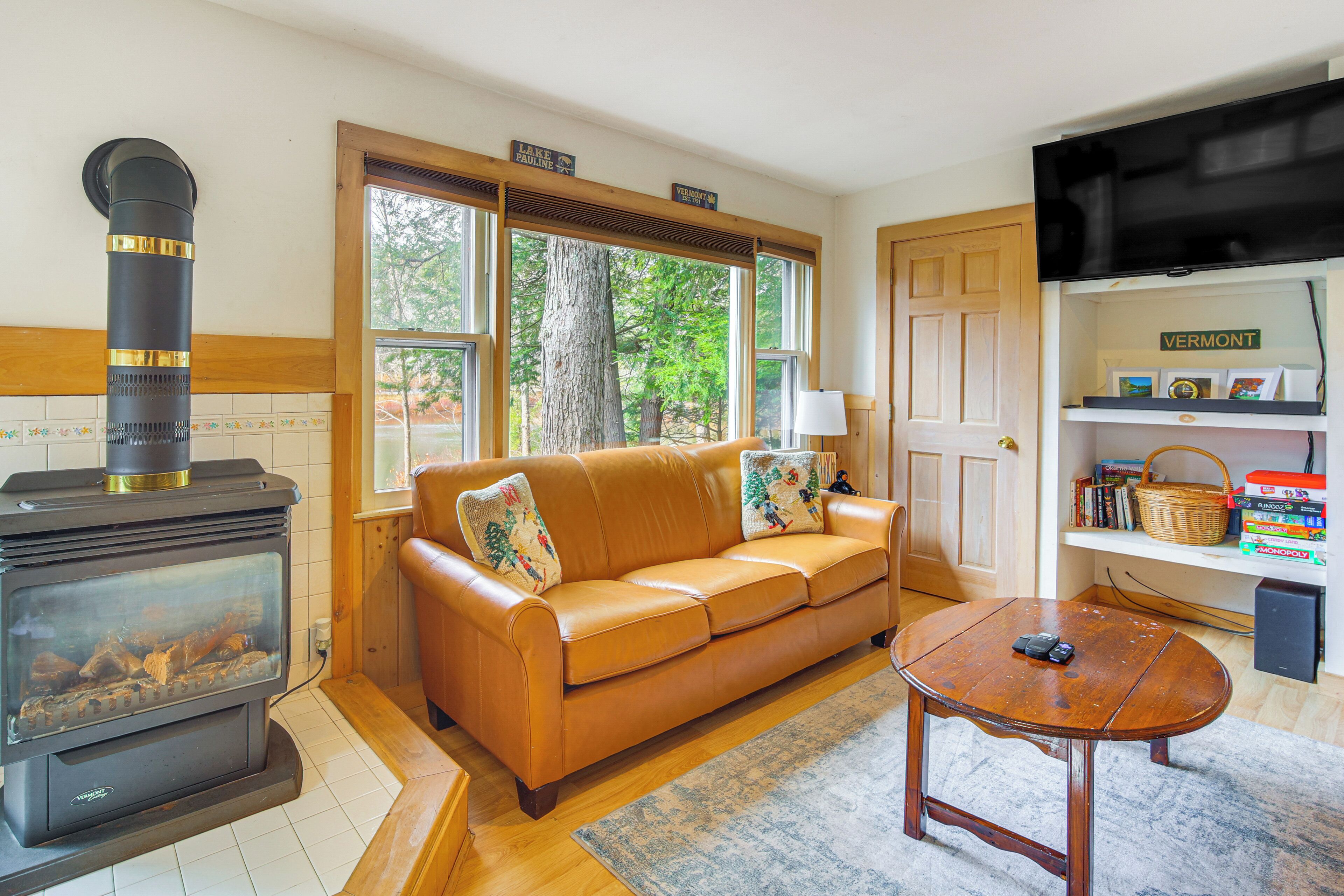 Télévision, cheminée, livres, écrans d'ordinateur