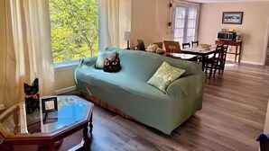 Una sala de estar con un sofá verde, una mesa de centro de vidrio y una zona de comedor con mesa y sillas.