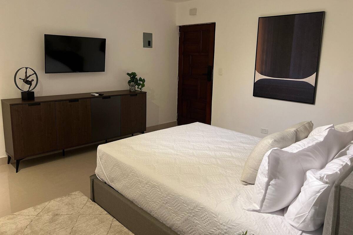 A bedroom with a bed, a dresser, a TV, and a door.