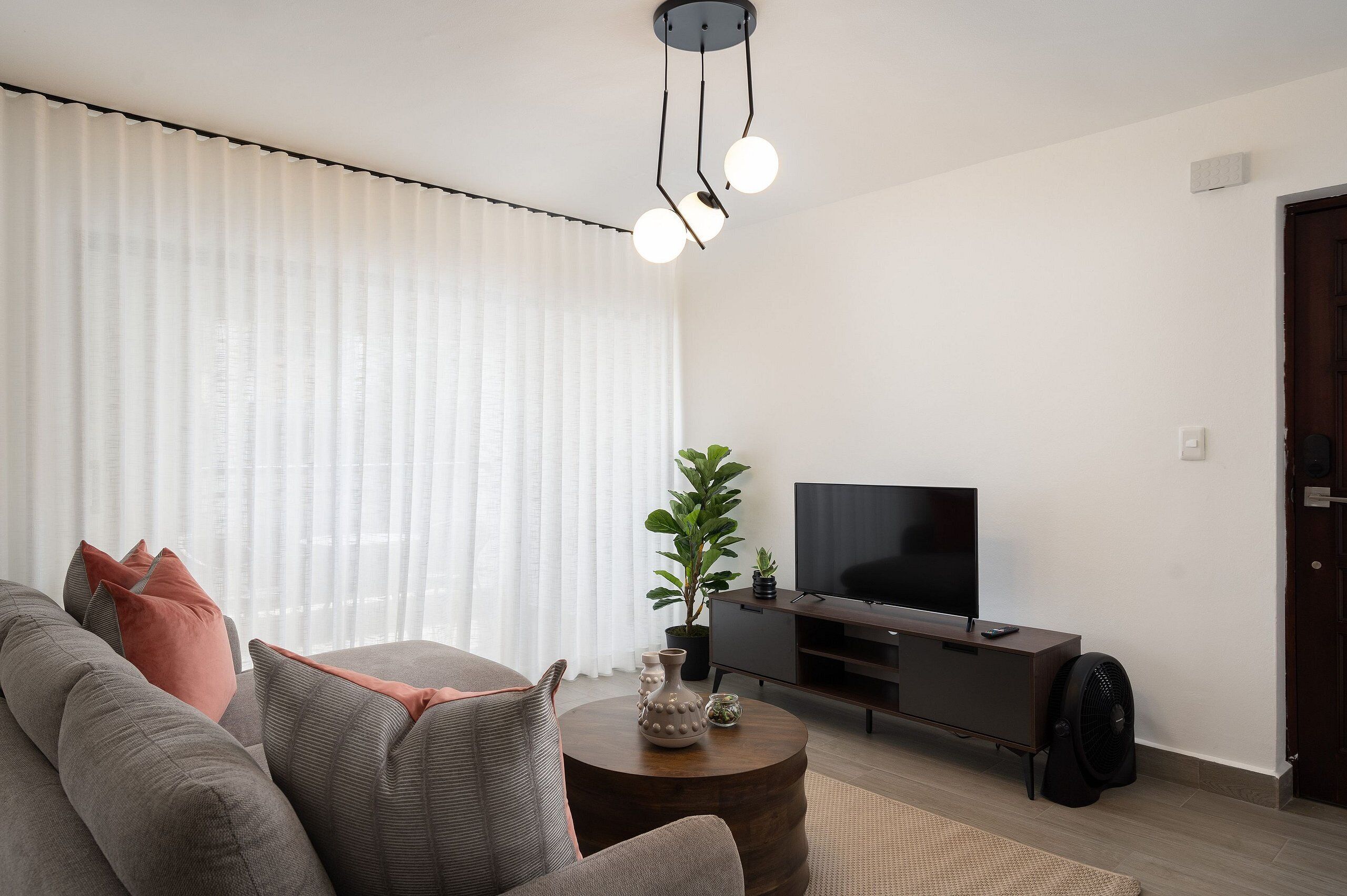 Una sala de estar moderna con un sofá, una mesa de centro, un televisor y una planta en maceta.